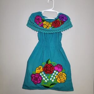 Mexican Tradicional Floral Embroidered Kids Dress - Teal, Red, Yellow, Purple